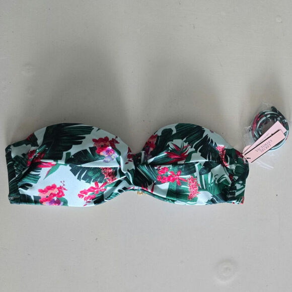 Victorias Secret Swim Padded Bandeau Bikini Top Bra Blue Palm NWT Size 32B - Picture 5 of 9